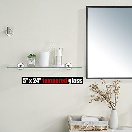 JQK Bathroom Glass Shelf, Tempered Glass Shower Storage 24 by 5 inches, 304 Stainless Steel Brushed Finish Wall Mount, TGS101L24-BN