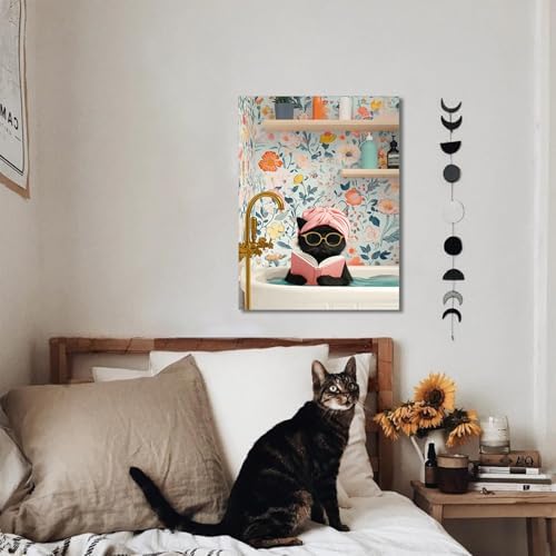 Funny Black Cat Bathroom Wall Art, Bathroom Animal Pictures Canvas Prints, Framed Cute Cat Posters Wall Decor for Living Room Bedroom Toilet Kids Room Wall Paintings 16x24 inch