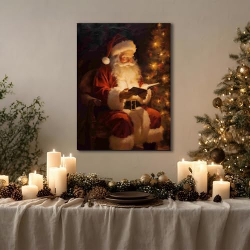 Santa Reading Book Christmas Wall Art 12x18in, Vintage Framed Canvas Prints Posters for Home Decor, Rustic Winter Painting for Christmas Wall Decor, Holiday Decoration Gifts for Bedroom