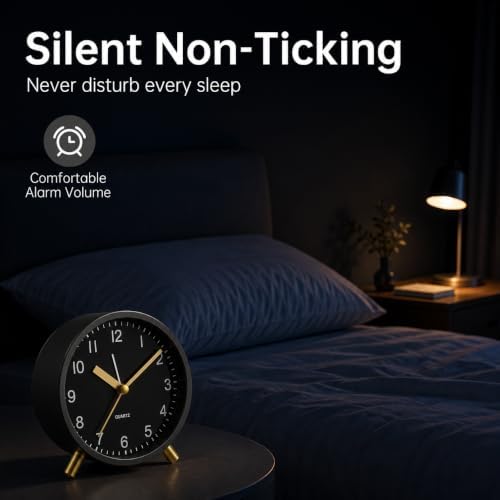 JALL Analog Alarm Clock, 4 inch Super Silent Non Ticking Small Clock with Night Light, Battery Operated, Simple Design, Easy Setting for Office, Bedroom, Bedside, Desk, Teens, Elders, Adult, Black