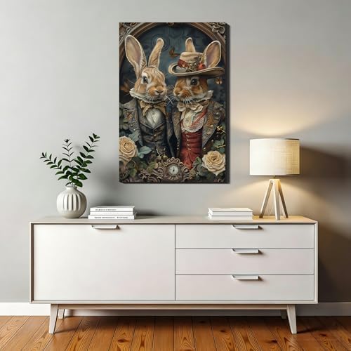 Elegant Easter Bunny Canvas Wall Art 12x18, Retro Dress Up Couple Rabbit Pictures Wall Decor Funny Animal Poster Prints for Office Easter Decorations Home Bathroom Bedroom Artwork