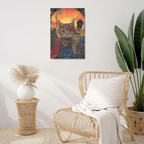 Crekviy Funny Cat Decor Wall Art Superhero Portrait Pictures Cute Kitten Canvas Prints Painting Artwork Decorations for Bathroom Bedroom Living Room Framed Kids Gifts for Cat Lover 16"x24"