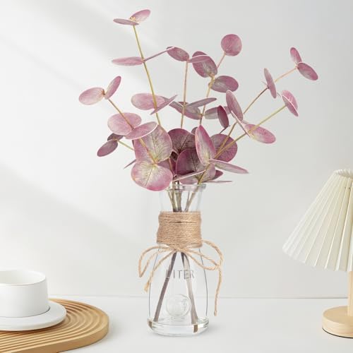 Artificial Eucalyptus Stems in Glass Vase with Faux Water, 15" Realistic Fake Plants for Bathroom Counter Decor, Small Faux Greenery for Coffee Table Centerpieces, Office Desk and Shelf Decor