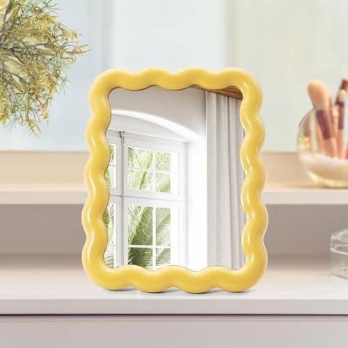 Philbinden Cute Wave-Shaped Desk Vanity Makeup Mirror, Portable Folding Travel Make Up Mirror for Standing/Hanging, Home Decorations Mirror for Women Girls (1, Yellow)