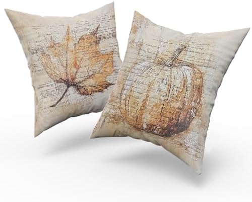 Giwawa Autumn Pillow Covers Set of 2 18x18 Inch- Vintage Fall Pumpkin Maple Leaf Decorative Cotton Throw Pillow Cases- Rustic Farmhouse Thanksgiving Cushion Covers for Sofa Porch Bed Season