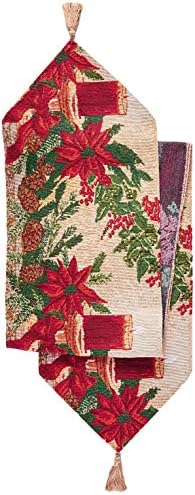 Violet Linen Decorative Christmas Poinsettias Candles Design Tapestry, 13" X 70" Table Runner