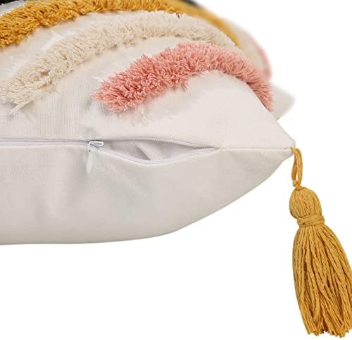 JASEN Boho Throw Pillow Covers, Woven Tufted Decorative Pillow Covers with Tassel Diamond Pattern Pillow Covers for Couch Sofa Bedroom Living Room No Pillow Insert, (Yellow, 18 x 18-Inch)