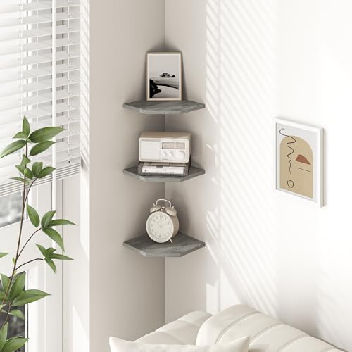 Fun Memories Corner Shelf Wall Mount, Floating Corner Shelves, Set of 3 Corner Wall Shelf Organizer, Rustic Wood Wall Storage Display Shelves for Living Room Bedroom Bathroom Kitchen, Rustic Grey