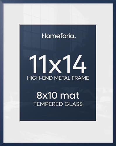 Homeforia 11x14 Blue Picture Frame, High-End Metal, 8x10 Mat, Glass