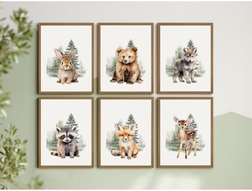Woodland Animal Nursery Wall Art Decor Set of 6 Baby Boys Room Wall Art Forest Animal Canvas Wall Decor Kids Art Prints Watercolor Bear Deer Fox Pictures Artwork for Bedroom 12x16 Inch Wood Framed