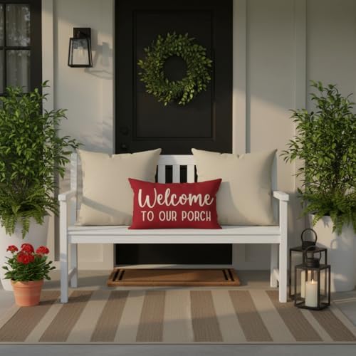 PANDICORN Farmhouse Throw Pillow Covers 12x20 Inch Welcome, Crimson Red