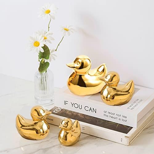 Golden Ceramic Duck Figurines，Home Decor Animal Sculptures and Statues Handmade Artware Decor,Mini Duck Sets 3 PCS
