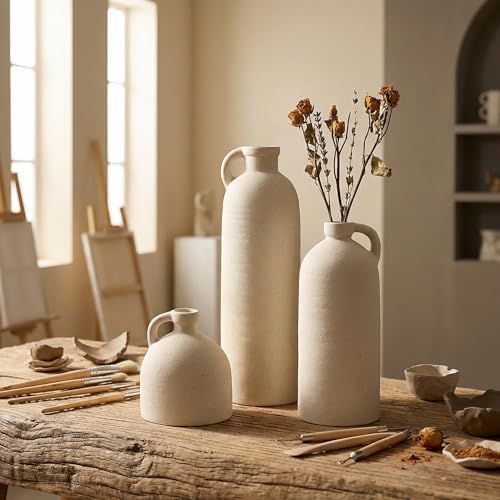 Flower Vase Set of 3, Ceramic Home Decor for Living Room - Modern Rustic Farmhouse Centerpiece for Table, Shelf & Bedroom - Decorative Vases for Office, Bathroom, Dining Desk