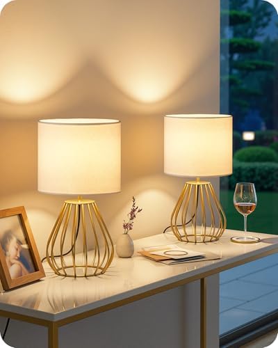 Gold Table Lamp Set of 2, Small Bedside Lamps Set of 2, 2700K LED Bulb Included, Gold Metal Base & White Linen Lampshade, Modern Nightstand Lamps for Bedroom, Living RoomDCW06TLP205