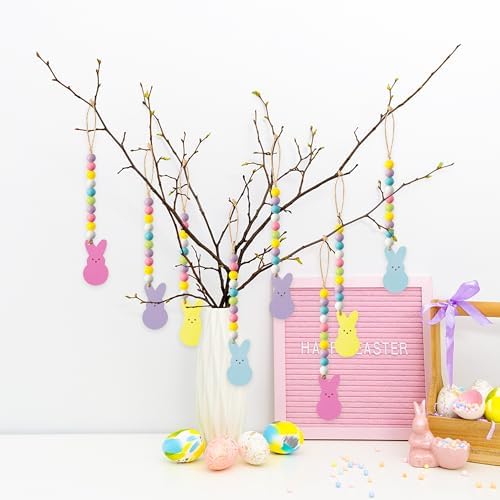 WATINC 8pcs Easter Wood Bead Garland with Tassels, Peeps Bunny Wooden Hanging Ornament Decoration, Double-Sided Colorful Rabbit Pendant Hang Decor with Rope for Easter Spring Holiday Party Tree Wall