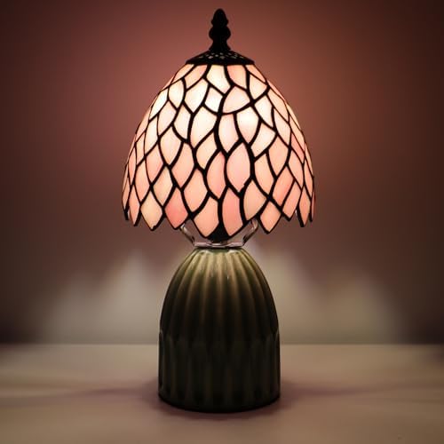 Tiffany Stained Glass Mushroom Table Lamp 12.5 Inch -Pink Leaf