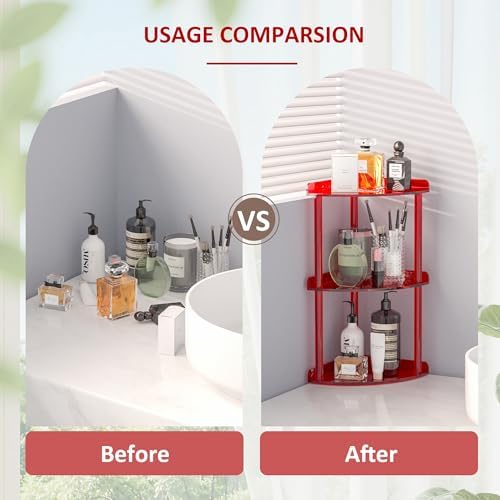 Sezanrpt 3 Tier Countertop Corner Organizer Shelf 7x7x15.7 Inch, Red Countertop Acrylic Bathroom Corner Shelf, Vanity Storage Organizer for Cosmetics, Toiletries
