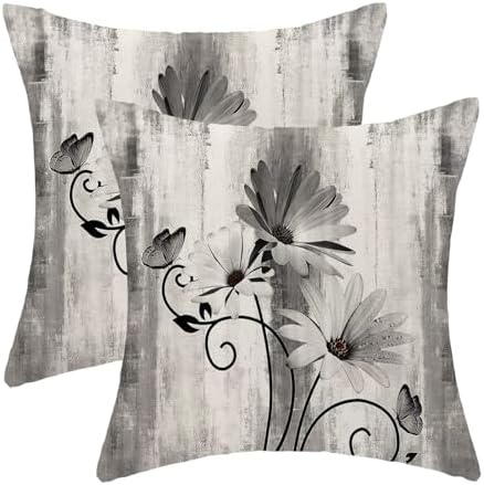 Black Floral Pillow Covers 18 x 18 Inch Set of 2 Daisy Floral Butterfly Decorative Throw Pillow Covers Linen Rustic Farmhouse Cushion Cases for Home Sofa Couch Living Room Decor