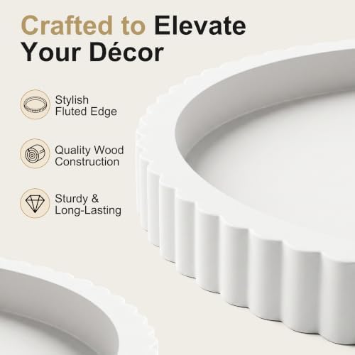 FGU 2 Pack Round Wood Decorative Trays for Coffee Table Home Decor, White