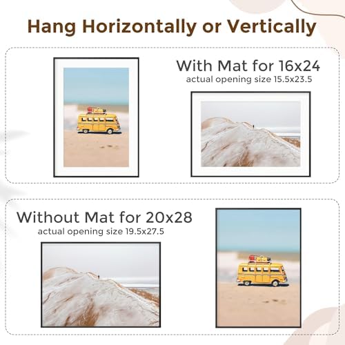 Fun Memories 20x28 Picture Frame, 20 x 28 Metal Poster Frame with Mat for 16x24 Photo - HD Tempered Glass - Vertical and Horizontal Display