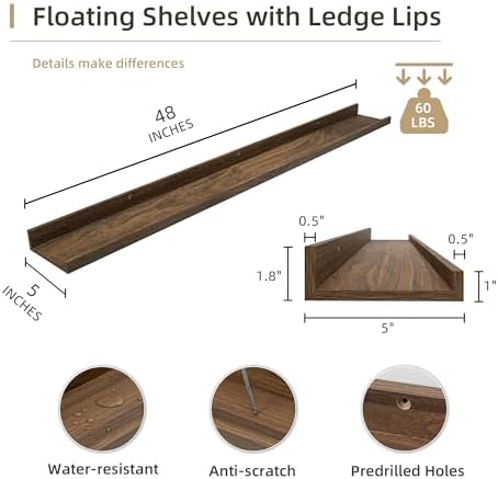 Acovy Picture Ledge Shelf, Wood, 48 inch, Set of 2, Walnut