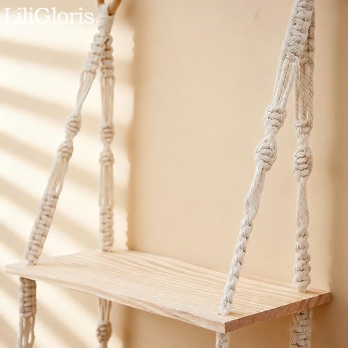 3-Tier Boho Hanging Shelves for Wall - Rustic Floating Wood Shelves with Rope, Macrame Plant Shelf Organizer for Home Decor - Farmhouse, Bohemian Style for Bedroom