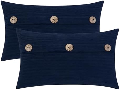 HWY 50 Navy Blue Chenille Throw Pillow Covers 12x20 Inch Buttons Pack of 2