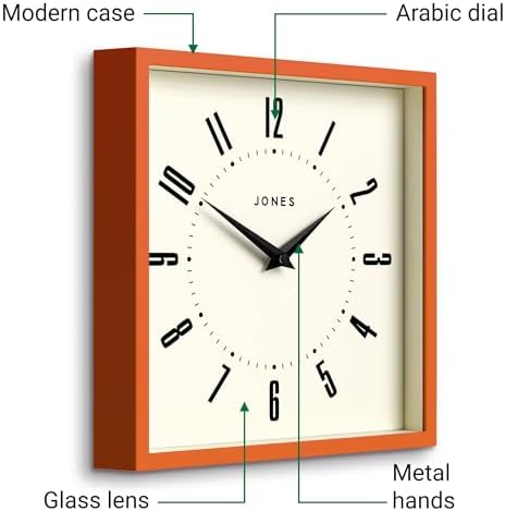 JONES CLOCKS® Box wall Clock | Retro Square Clock | 10" | Orange | Easy to Read Numbers | Perfect Kitchen Clock or Office Clock