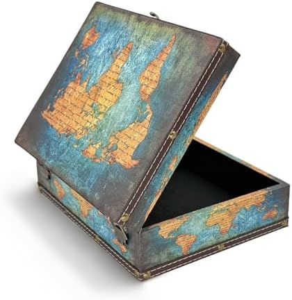 Treasure Box Vintage Wooden + PU Leather Decorative Trinket Jewelry Box Memento Case Box Keepsake Box Gifts For Kids Girls Women Men Home Decor (Map/Green, Medium)