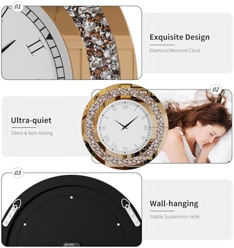 Crushed Diamond Wall Clock: Round Mirrored Clock 23.6 inch Brown