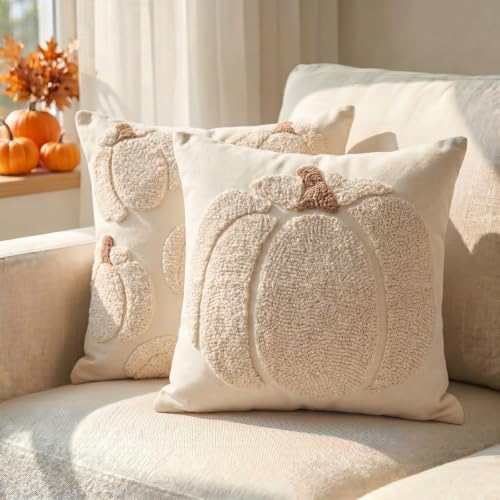 GEEORY Fall Tufted Pumpkin Pillow Covers Set of 2 18x18, Farmhouse Beige