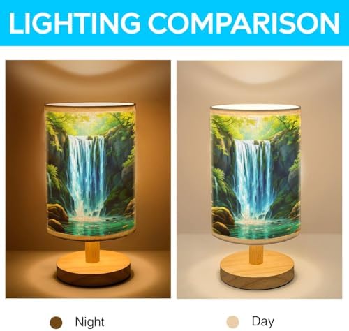 Waterfall in The Green Forest Table Lamp LED 3-Color Pressed Bedside, Waterfall in The Green Forest Shade Lamp with Wood Base for Bedroom Living Room Desk Office TL01