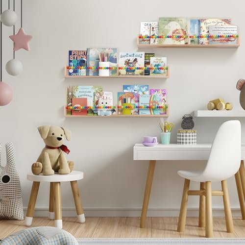 birola Nursery Book Shelves Set of 3,Wood Floating Book Shelves for Wall,Wall Book Shelf for Kids，Bathroom Decor, Kitchen Spice Rack (Five-Color Beads)