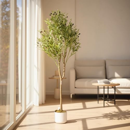 4.3FT Artificial Olive Tree with Lifelike Leaves & 44 Fruits, Faux Olive Tree in Pot, Evergreen Fake Plants Artificial Plants Indoor for Office Outdoor Modern Farmhouse Decor
