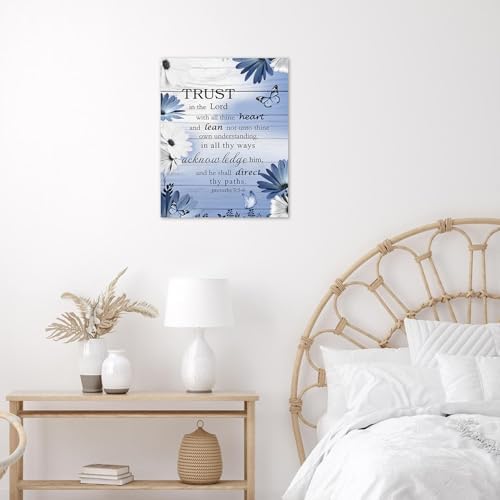 LB Rustic Blue Floral Wall Art for Bathroom Bible Verse on Vintage Grey Wood Canvas Wall Art Wall Paintings Home Decor Butterfly Wall Pictures for Living Room Bedroom Office Ready To Hang, 8x10 Inch