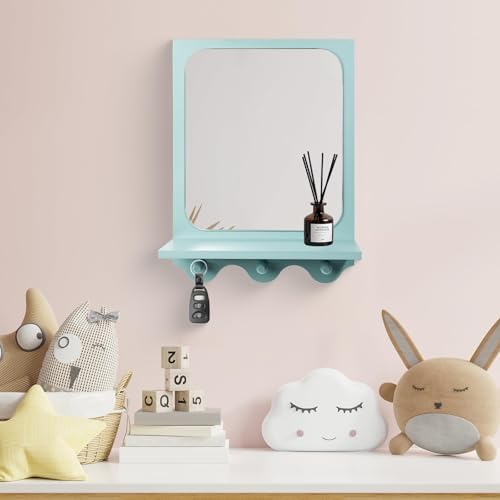 16 x 12 Inch Wooden Framed Wall Mounted Mirror with Shelf and 3 Hooks, Small Real Glass Entryway Hanging Mirror for Bedroom Bathroom Living Room, Blue
