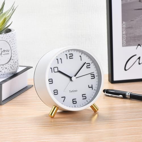 Tetino Analog Alarm Clocks,Retro Metal Desk Silent Non Ticking Small Clock with Night Light,Battery Operated,Simple Design,for Bedrooms, Bedside,Office,Home Décor (White)
