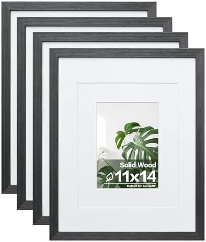 Egofine 11x14 Picture Frames Set of 4, Made of Solid Wood Covered by Plexiglass 5x7 and 8x10 with Mat or 11x14 without Mat, for Table Top Display and Wall Mounting Photo Frame Rustic Black