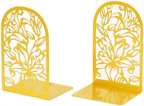 CNK Premium Bookends, Metal Book Stoppers for Heavy Books, Home Office & Decor (Lily Flower Gold)