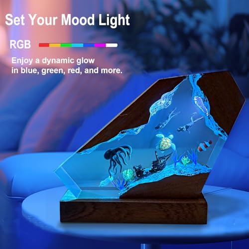 Handcrafted Octopus Resin Lamp, RGB Ocean Lamp with Wooden Base