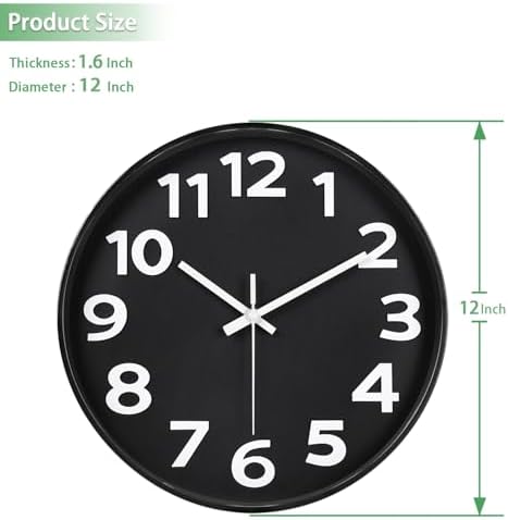 45MinST 12 Inch 3D Number Dial Face Modern Indoor Outdoor Clock, Silent Non-Ticking Round Home Decor Wall Clock with Arabic Numerals (Black)