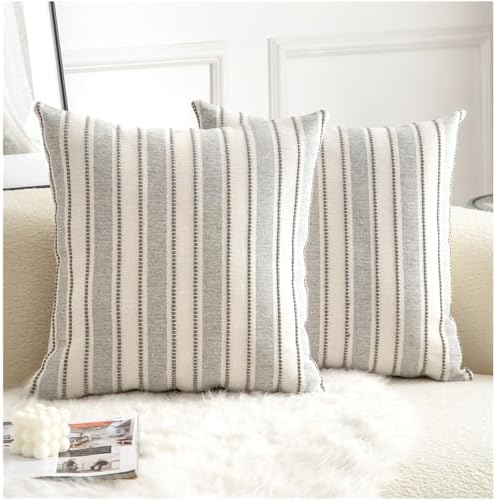 Cethom Decorative Boho Throw Pillow Covers, Farmhouse Textured Pillow Case, 18 x 18 Inch Set of 2, Chair Sofa Bedroom Living Room Home Decor Couch Cushion Case, Grey and Beige Striped