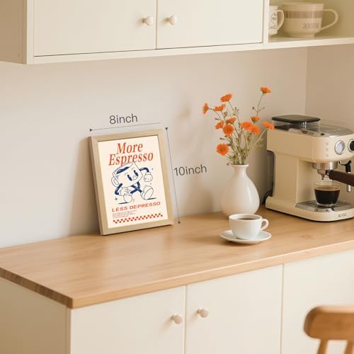 Cyebmo Funny Coffee Wall Art, Vintage Cafe Kitchen Wall Decor, More Espresso Less Depresso Art Prints, Beige Dorm Poster Print for Home Office Coffee Bar Kitchen Wood Framed Ready to Hang 8x10 Inch