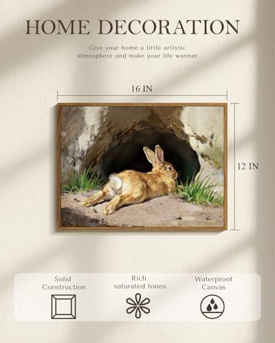 WHASAYART Vintage Framed Easter Bunny Canvas Wall Art Spring Oil Painting | 12x16 Inch Rabbit in Woodland Cave Scene Poster Print, Rustic Animal Artwork for Gift Farmhouse Living Room Bedroom Nursery