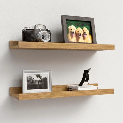 Boswillon Floating Shelves Set of 2, Small Wall Shelf with Lip, 16in, Oak
