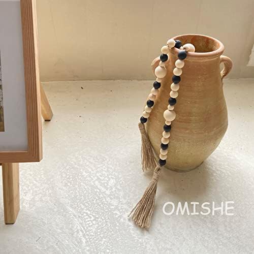 OMISHE Wood Bead Garland with Tassels 61 Inches, Boho Farmhouse Wooden Decorative Beads for Home Tiered Tray Decor, Beige Black