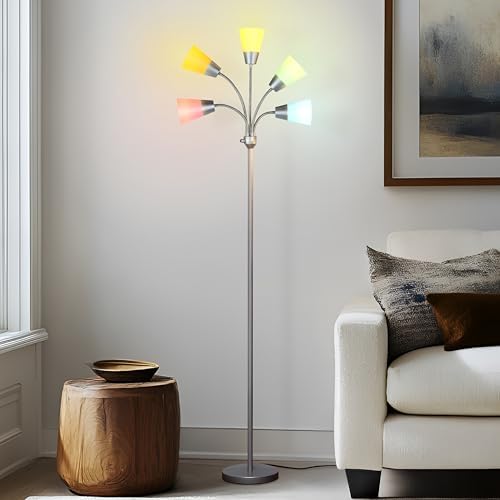Brightech Medusa Modern LED Floor Lamp – Multi Head Floor Lamp for Living Rooms & Offices – Tall Lamp with Interchangeable Shade, Standing Lamp with 5 LED Bulbs for Hobbies - Silver
