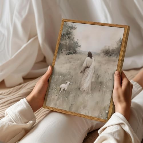 Jesus Leaves The 99 Sheep Wall Art Painting, Vintage Shepherd Christian Wall Decor Lost Lamb Religion Artwork 3D Textured Hand Drawn Sandstone for Living Prayer Room Bedroom 16x24 inch Wood Framed