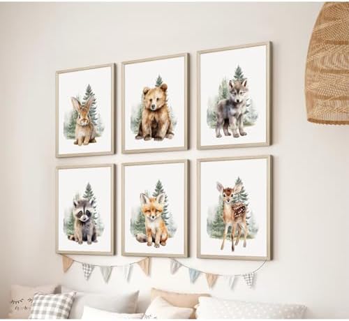 Woodland Animal Nursery Wall Art Decor Set of 6 Baby Boys Room Wall Art Forest Animal Canvas Wall Decor Kids Art Prints Watercolor Bear Deer Fox Pictures Artwork for Bedroom 8x10 Inch Framed