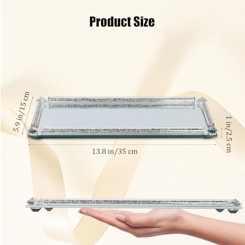 Mirror Perfume Tray for Dresser,Silver Crushed Diamond Filled